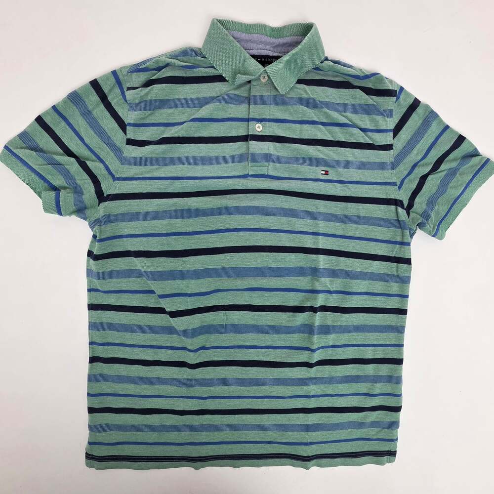 Tommy Hilfiger Men's Slim Fit Striped Short Sleeve Polo Shirt Green Blue Large